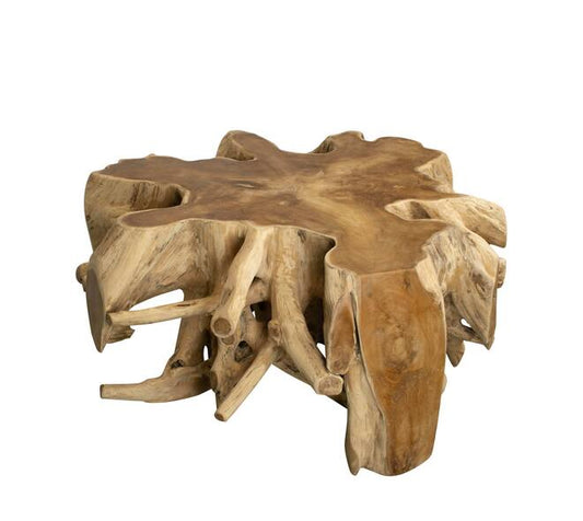 “Teakhouten bijzettafel in modern Scandinavisch interieur met klein plantje en warme neutrale tinten”