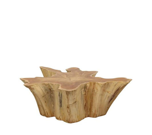 “Teakhouten bijzettafel in modern Scandinavisch interieur met klein plantje en warme neutrale tinten”