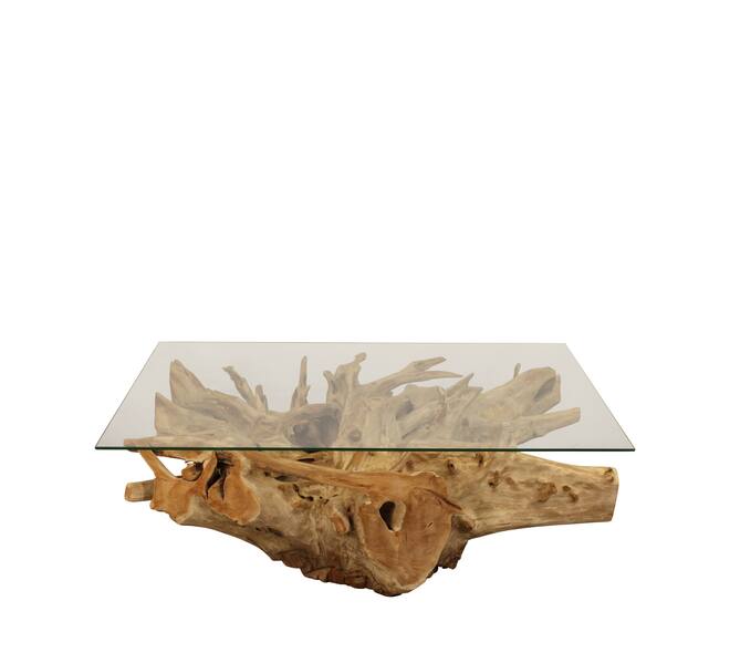 Rechthoekige wortelhouten salontafel met glas – 125 cm