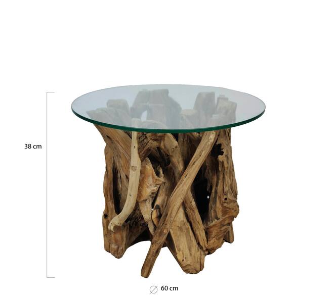 Ronde bijzettafel van wortelhout met glas – Ø60 cm laag model