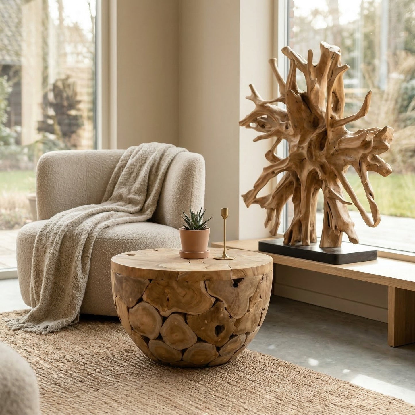 Ronde Teakhouten bijzettafel in modern Scandinavisch interieur met klein plantje en warme neutrale tinten”