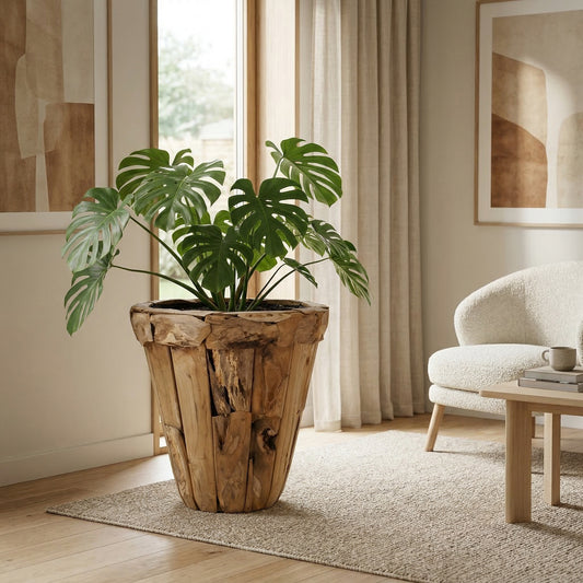 “Teak plantenbak met groene plant in modern Scandinavisch interieur met natuurlijke materialen en warme tinten”