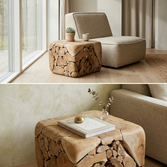 “Teakhouten bijzettafel in modern Scandinavisch interieur met klein plantje en warme neutrale tinten”