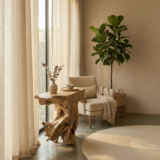 “Teakhouten bijzettafel in modern Scandinavisch interieur met klein plantje en warme neutrale tinten”