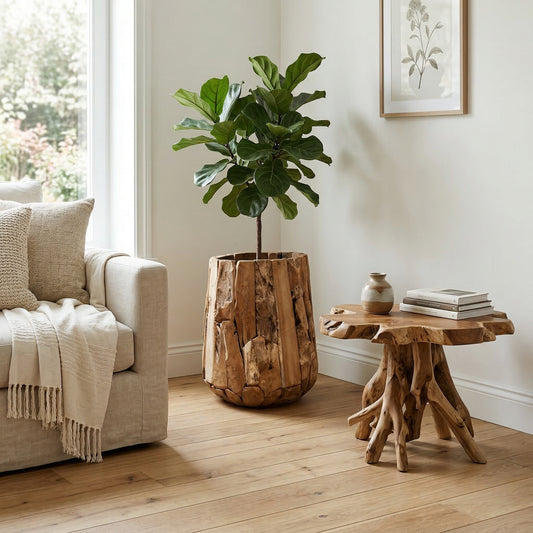 “Teak plantenbak met groene plant in modern Scandinavisch interieur met natuurlijke materialen en warme tinten”