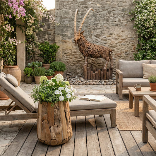 “Teak plantenbak met groene plant in modern Scandinavisch interieur met natuurlijke materialen en warme tinten”
“Teakhouten dierensculptuur in modern interieur met natuurlijke materialen en warme neutrale tinten”