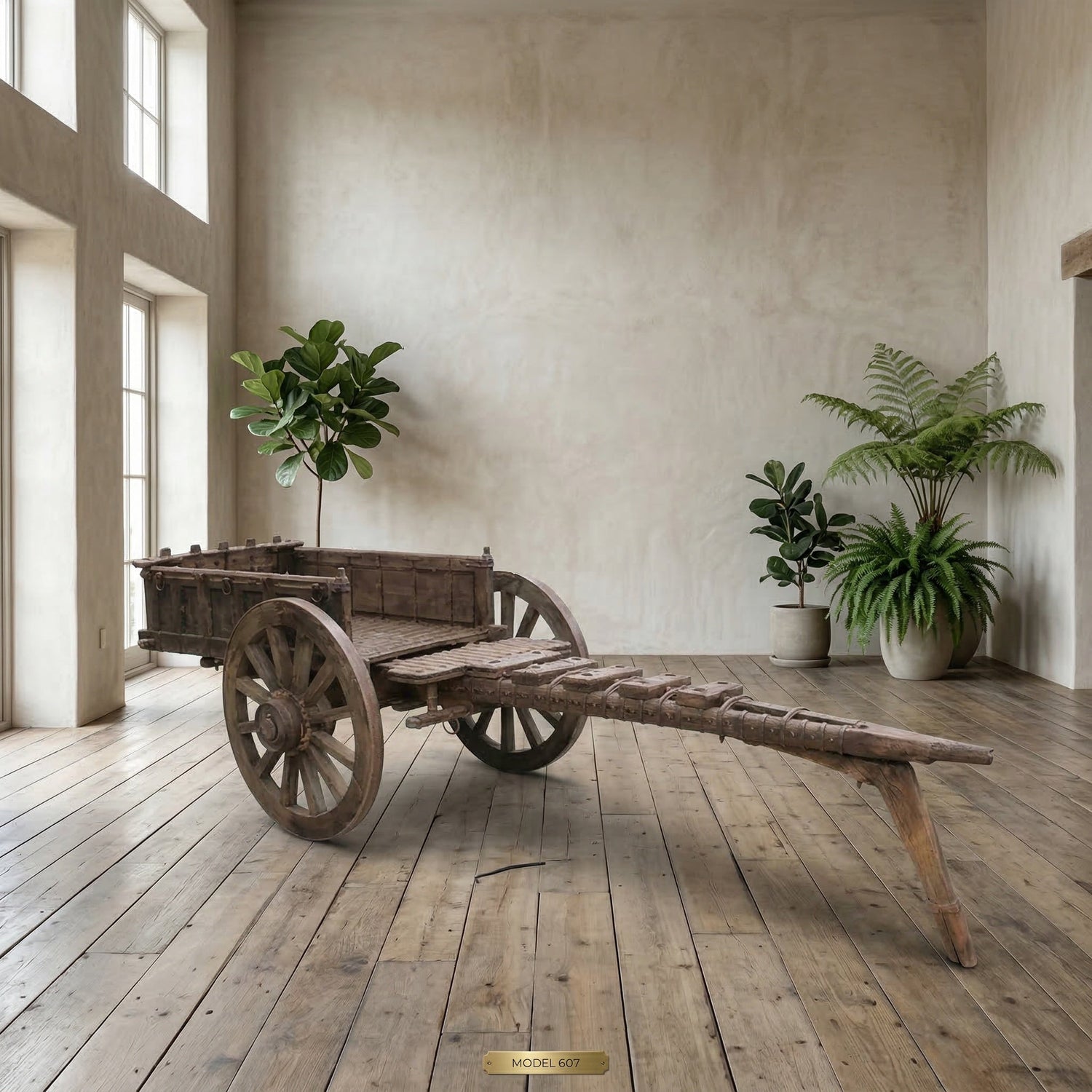 “Vintage houten kar in stijlvol interieur met natuurlijke materialen en warme neutrale kleuren”