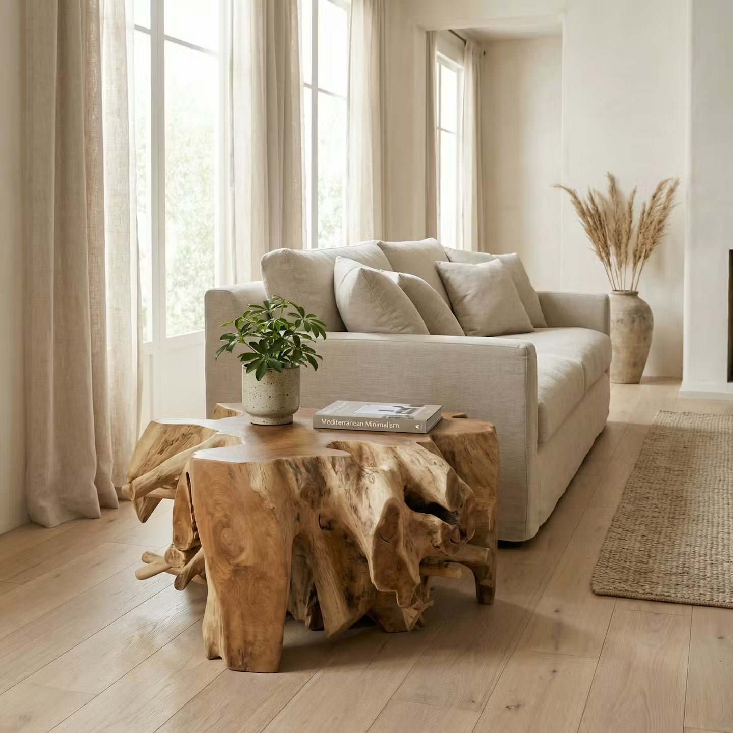 “Teakhouten bijzettafel in modern Scandinavisch interieur met klein plantje en warme neutrale tinten”