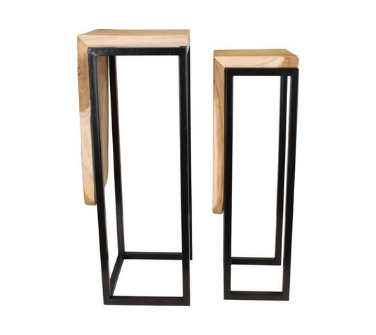 Teakhouten zuilentafels set 2-delig – naturel zwart 77 cm