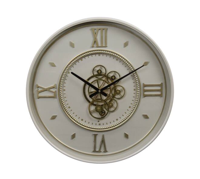 Metalen wandklok 55 cm – gebroken wit met tandwiel design