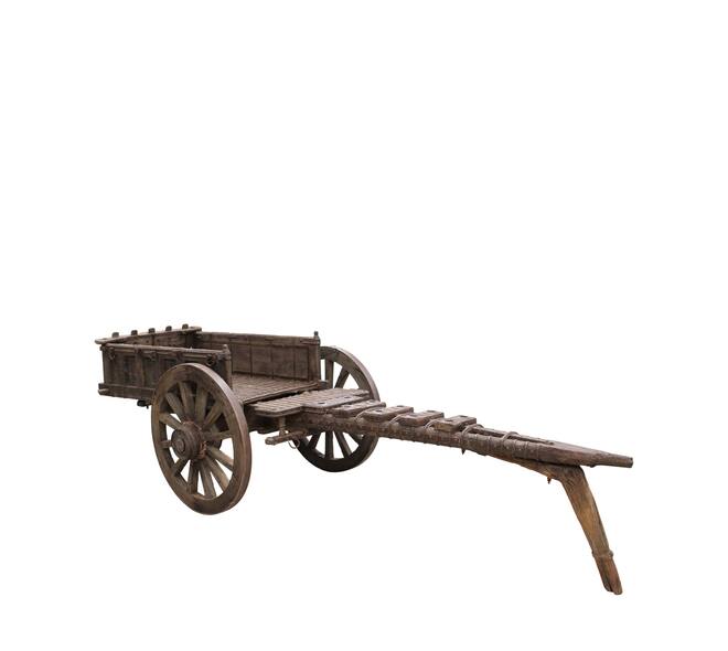 Vintage houten wielkar van historisch hout – 430 x 150 x 106 cm