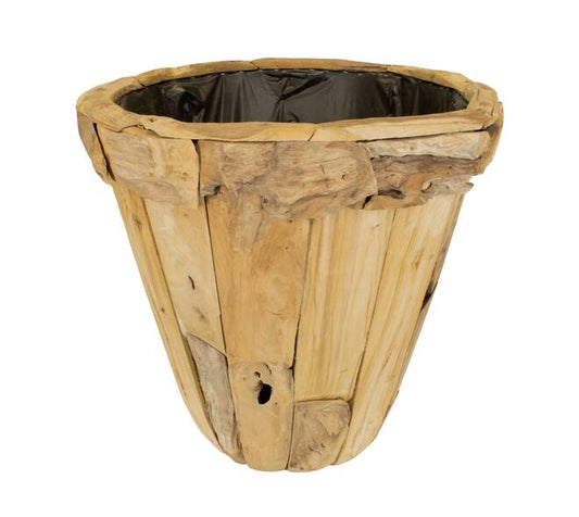 “Teak plantenbak met groene plant in modern Scandinavisch interieur met natuurlijke materialen en warme tinten”