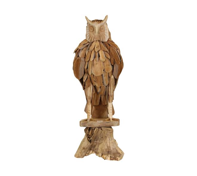 Uil sculptuur van teakhout op standaard naturel - 35x32x100 cm