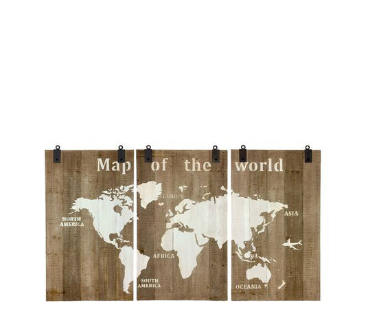 Wereldkaart wandpaneel van dennenhout zwart/white wash - 210x4x121 cm