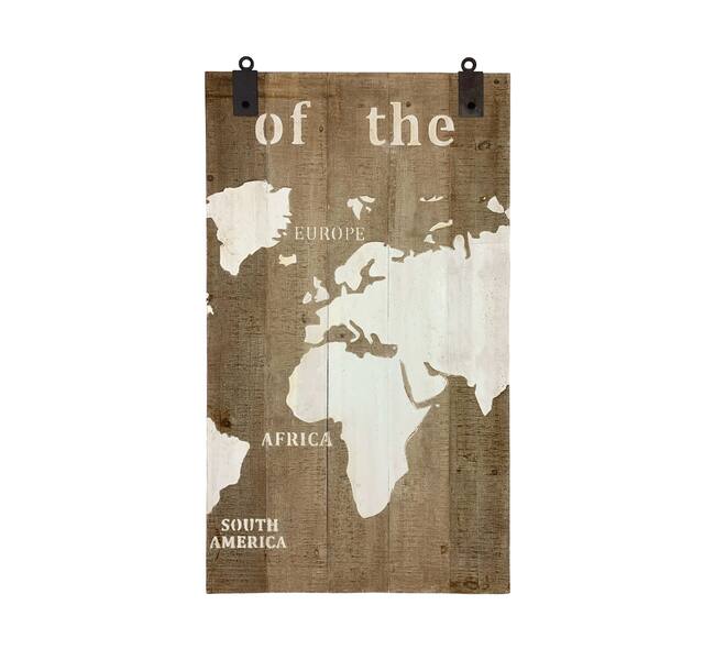 Wereldkaart wandpaneel van dennenhout zwart/white wash - 210x4x121 cm