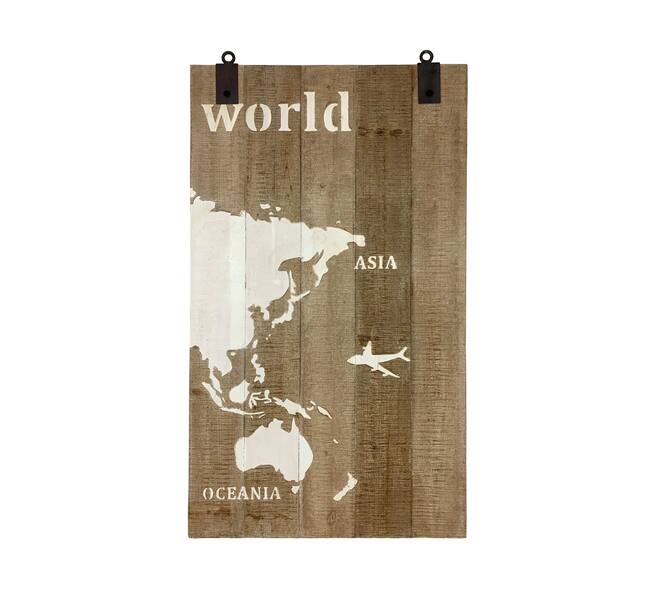 Wereldkaart wandpaneel van dennenhout zwart/white wash - 210x4x121 cm