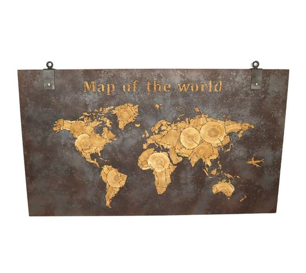 Wereldkaart wandpaneel van dennenhout naturel/roest - 140x4.5x80 cm
