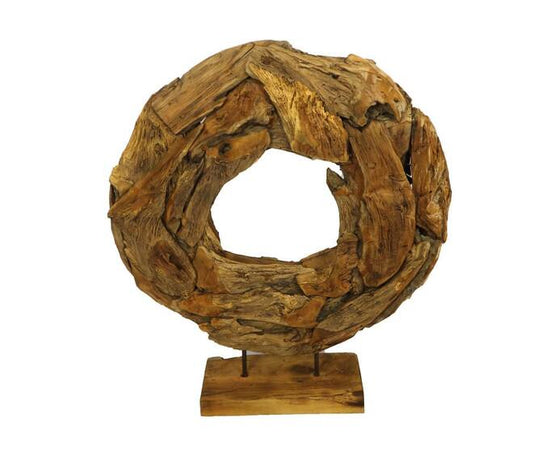 Ronde sculptuur op standaard van erosion wood – handgemaakt 94 cm