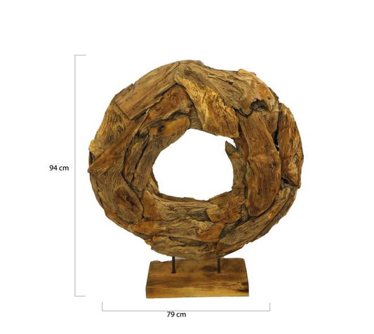 Ronde sculptuur op standaard van erosion wood – handgemaakt 94 cm