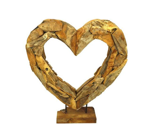 Hart op standaard van erosion wood – handgemaakt teak 90 cm - Large
