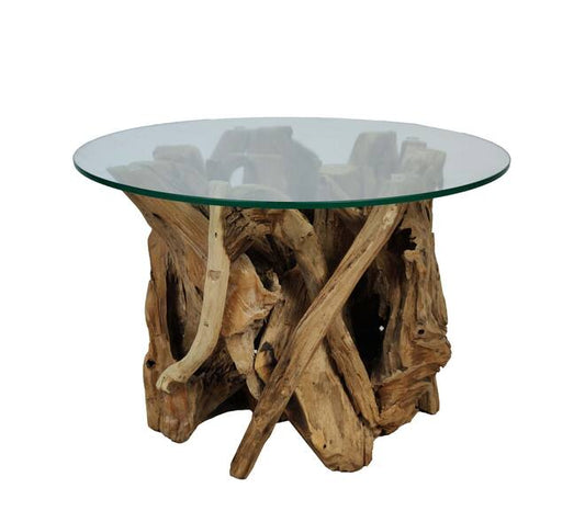 Ronde bijzettafel van wortelhout met glas – Ø60 cm laag model