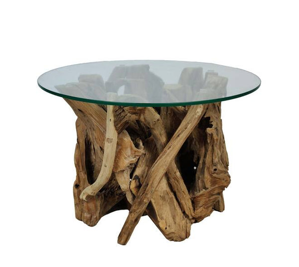 Ronde bijzettafel van wortelhout met glas – Ø60 cm laag model