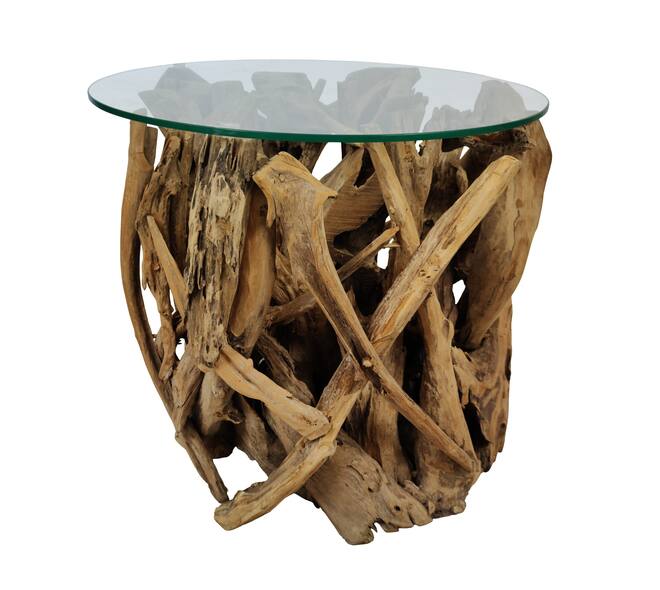 Ronde bijzettafel van wortelhout met glas – Ø60 cm