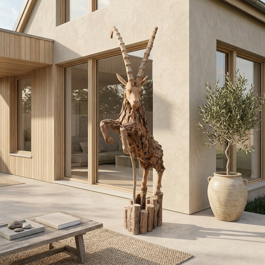 “Teakhouten dierensculptuur in modern interieur met natuurlijke materialen en warme neutrale tinten”