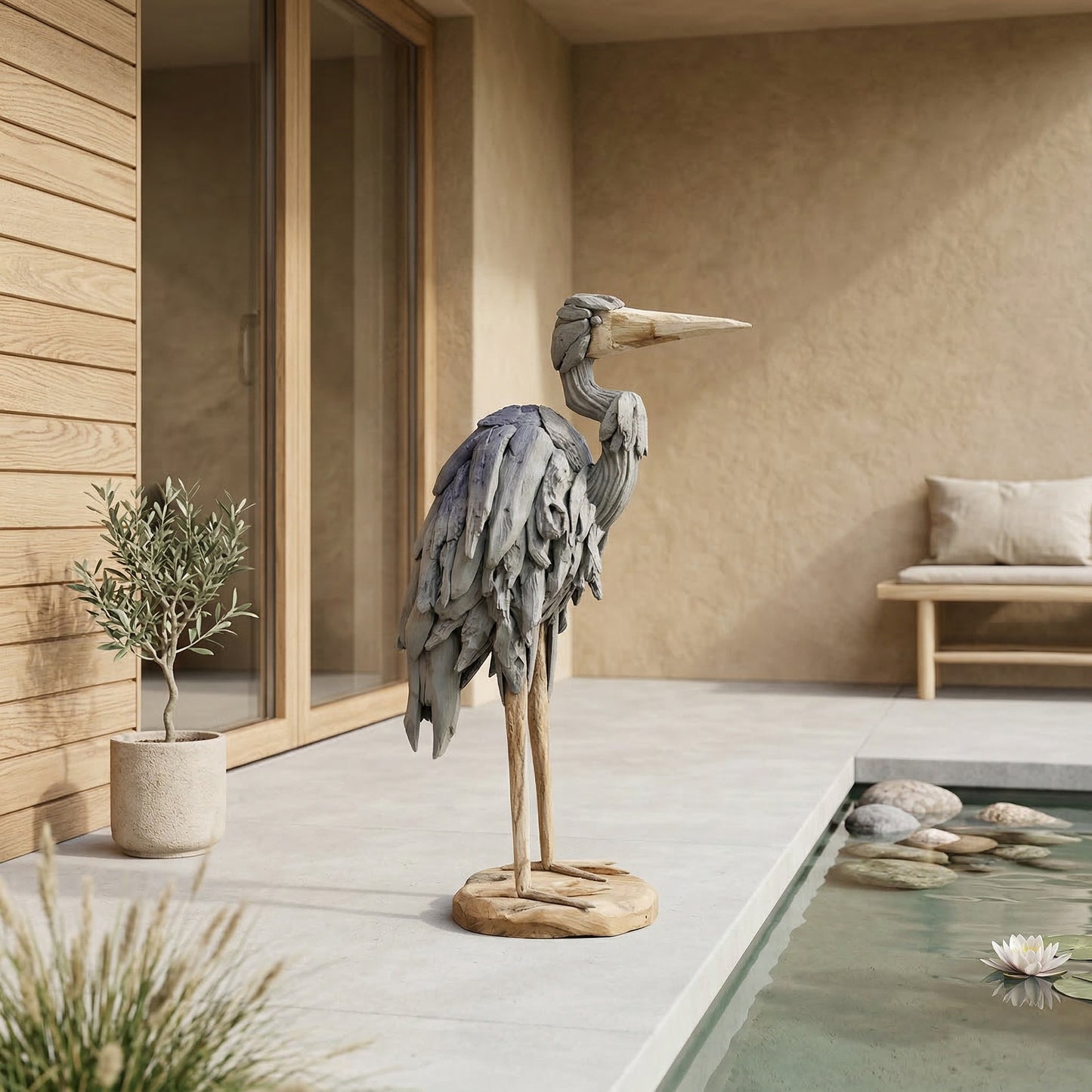 “Teakhouten dierensculptuur in modern interieur met natuurlijke materialen en warme neutrale tinten”