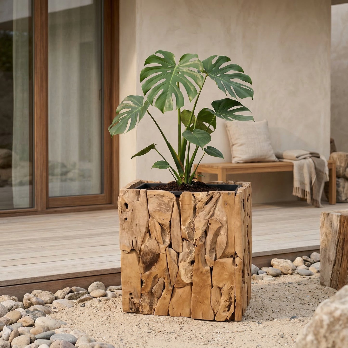 “Teak plantenbak met groene plant in modern Scandinavisch interieur met natuurlijke materialen en warme tinten”