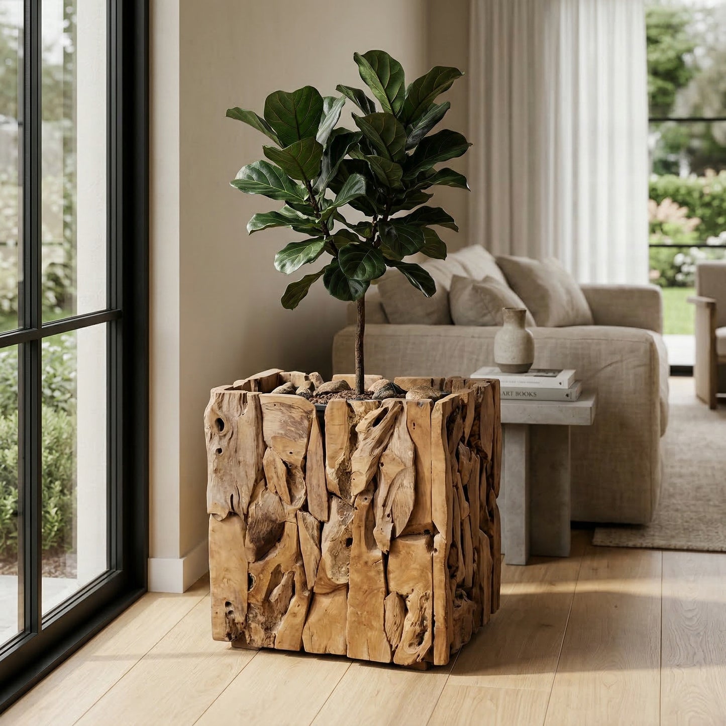 “Teak plantenbak met groene plant in modern Scandinavisch interieur met natuurlijke materialen en warme tinten”