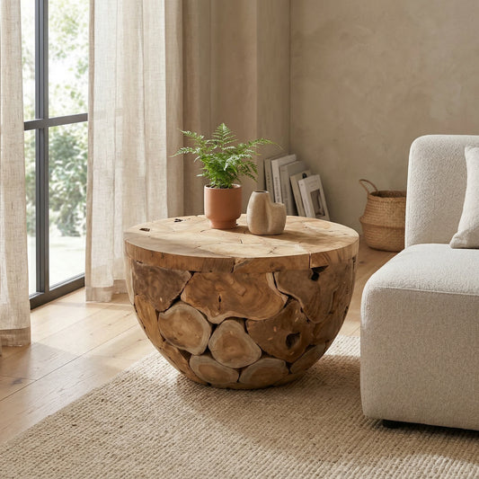 Ronde Teakhouten bijzettafel in modern Scandinavisch interieur met klein plantje en warme neutrale tinten”