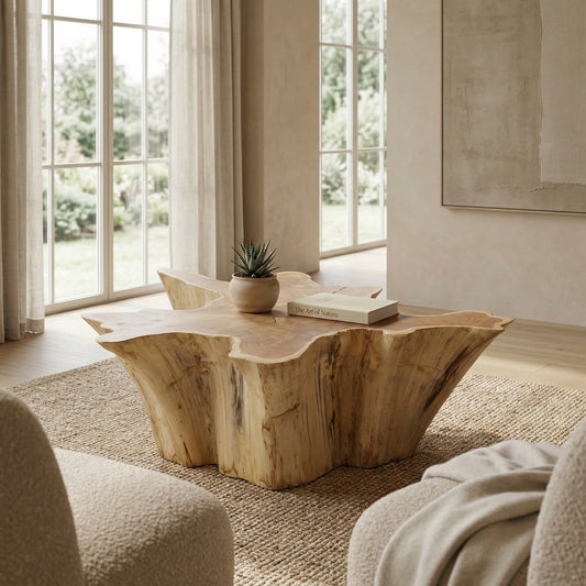 “Teakhouten bijzettafel in modern Scandinavisch interieur met klein plantje en warme neutrale tinten”