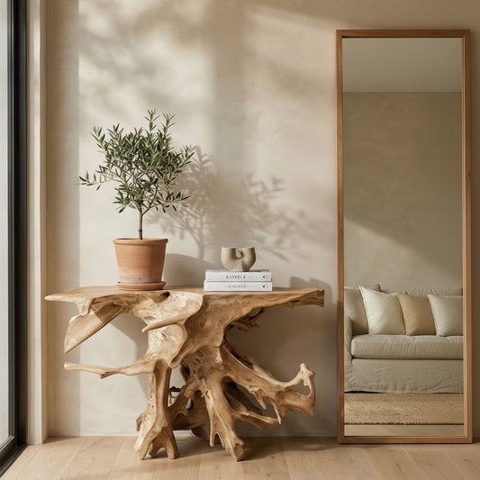 “Teakhouten bijzettafel in modern Scandinavisch interieur met klein plantje en warme neutrale tinten”