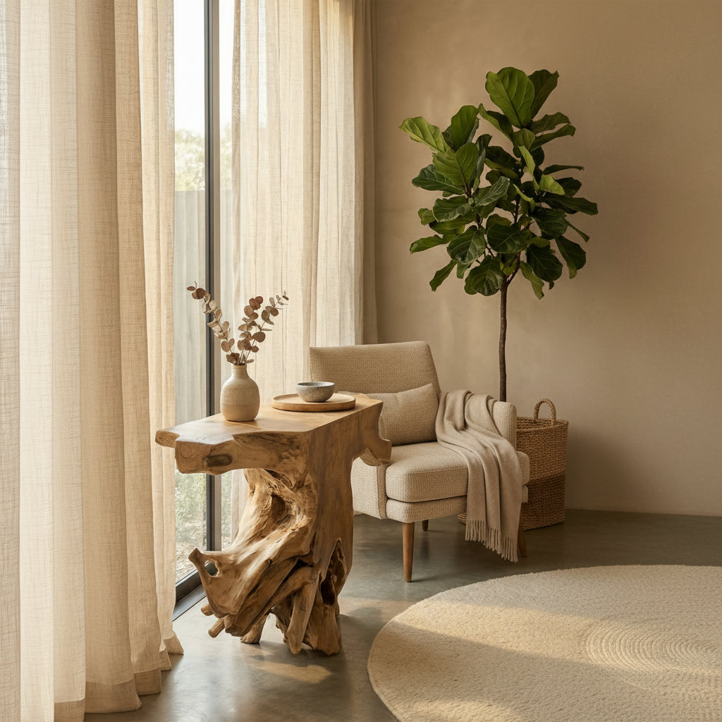 “Teakhouten bijzettafel in modern Scandinavisch interieur met klein plantje en warme neutrale tinten”