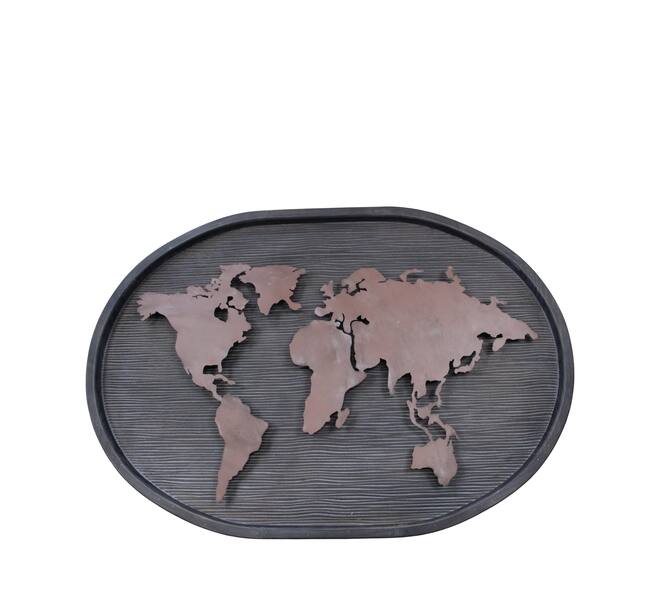 Ovale wereldkaart wanddecoratie van hout en metaal zwart - 118x4x77 cm