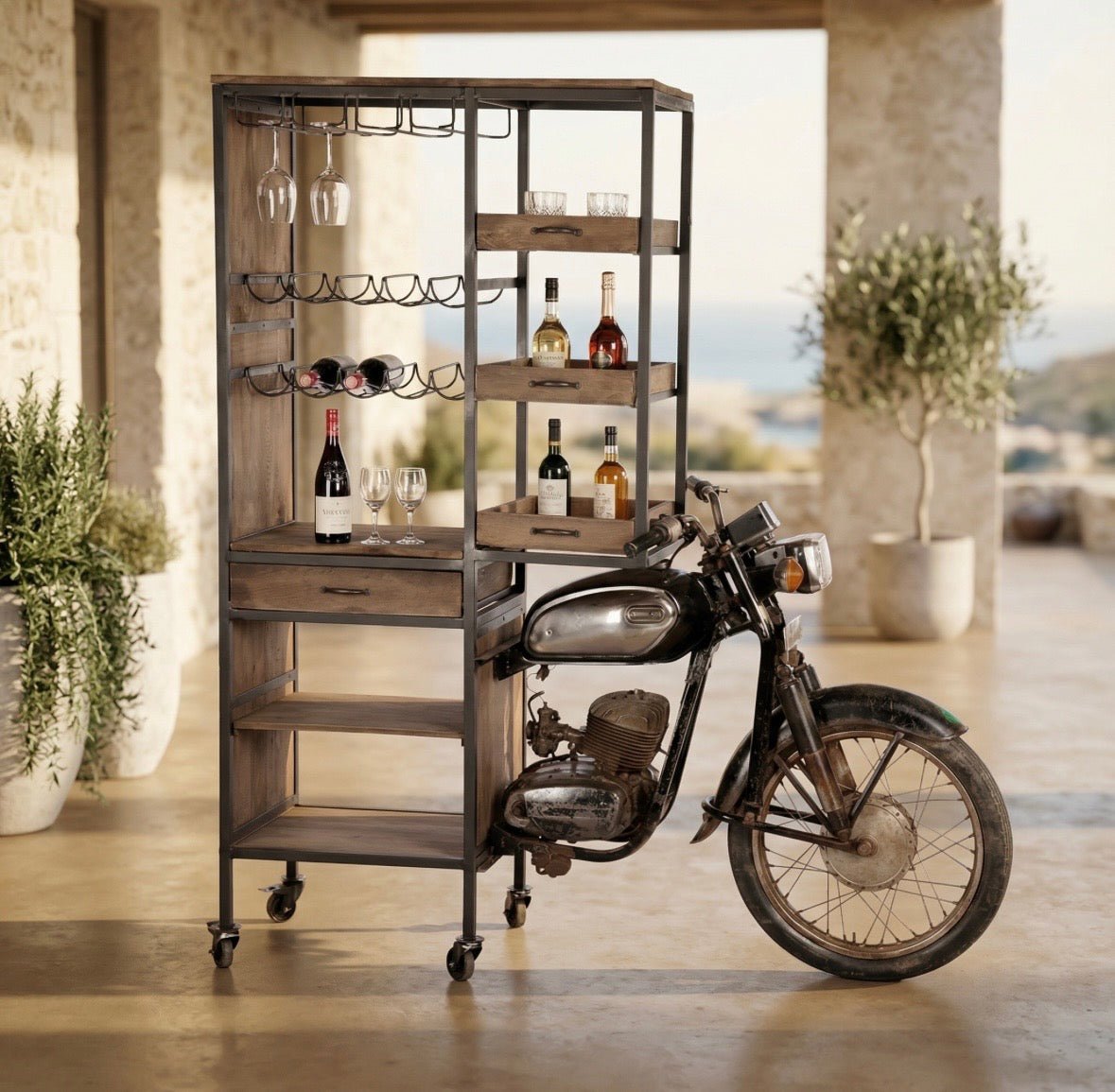 “Vintage scooterbar in modern interieur met warme neutrale tinten en minimalistische styling”