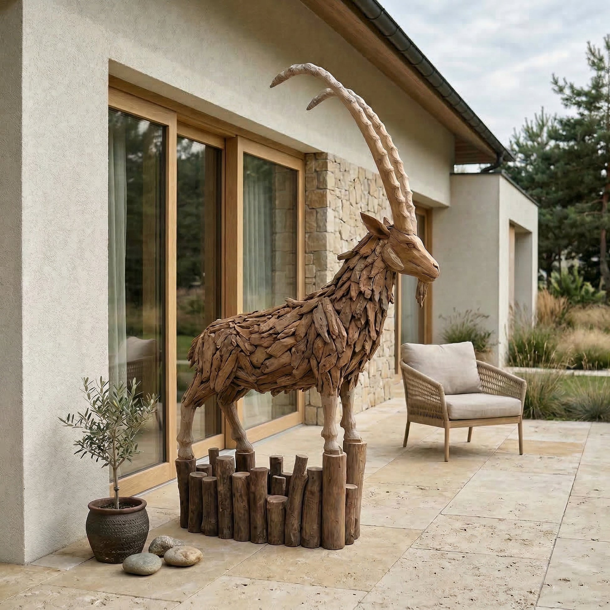 “Teakhouten dierensculptuur in modern interieur met natuurlijke materialen en warme neutrale tinten”