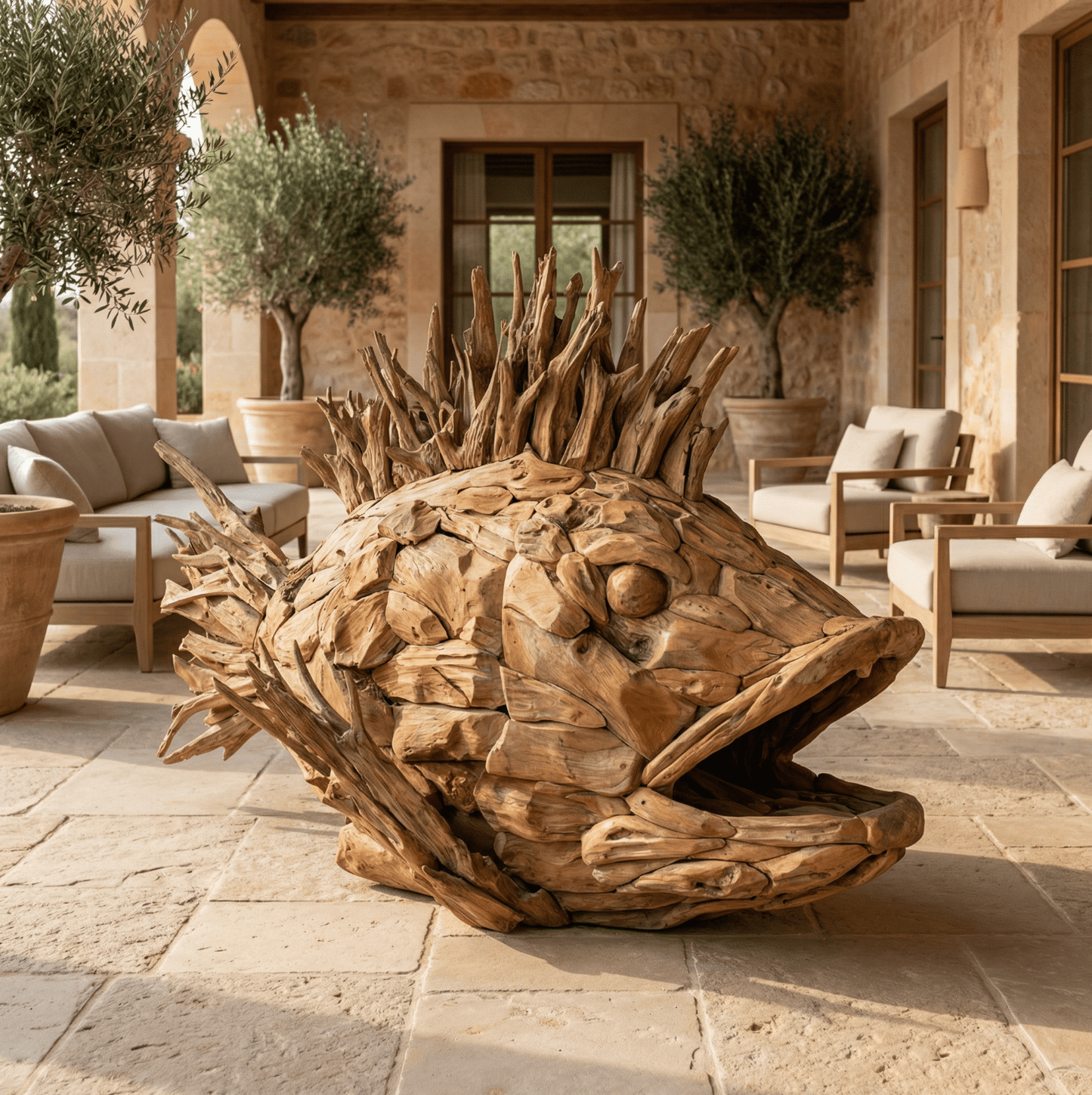 “Teakhouten dierensculptuur in modern interieur met natuurlijke materialen en warme neutrale tinten”