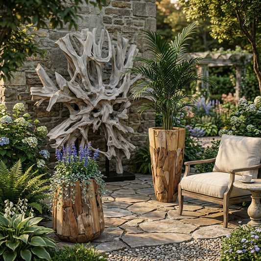 Teakhouten ornament in modern Scandinavisch interieur met natuurlijke materialen en warme, neutrale tinten