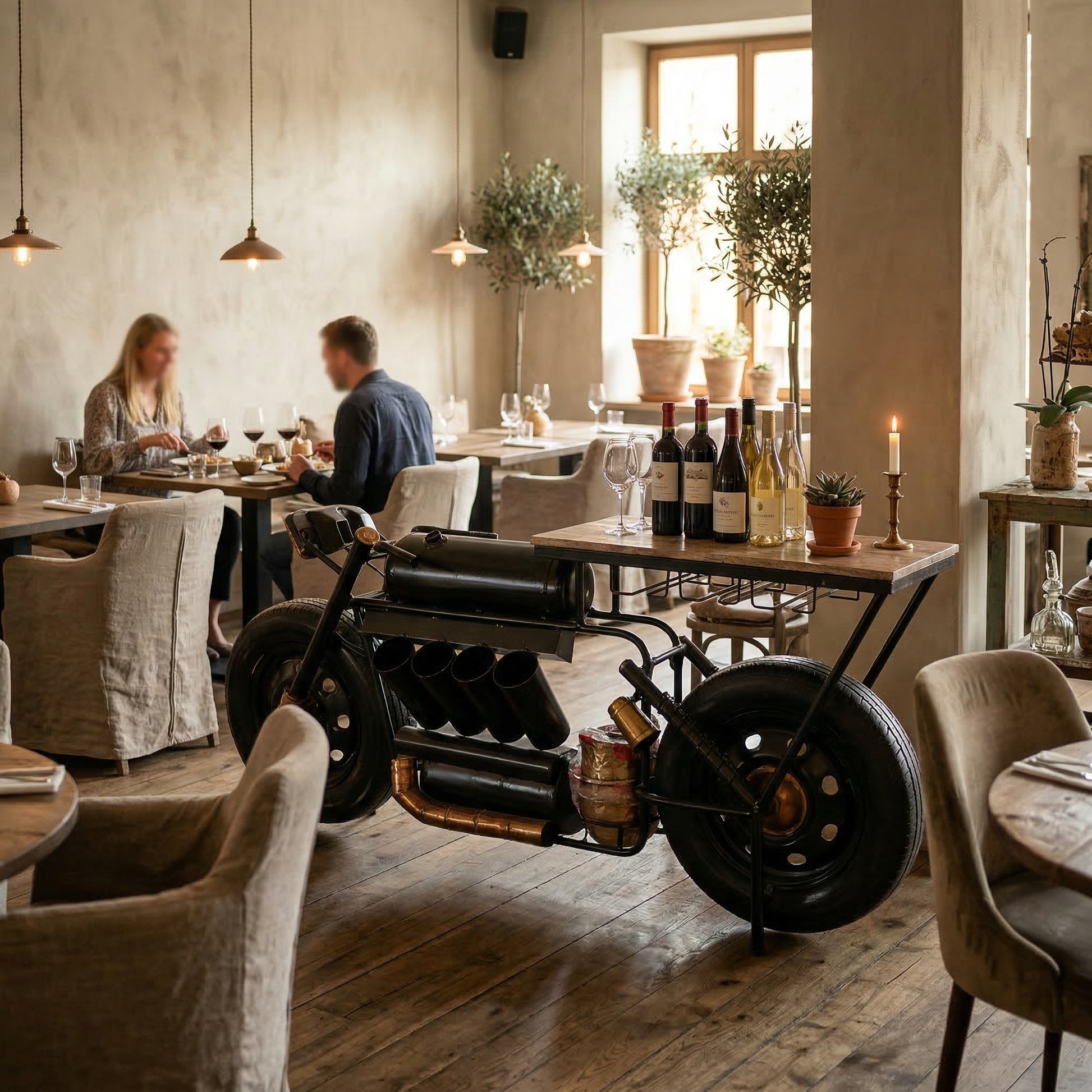 “Vintage scooterbar in modern interieur met warme neutrale tinten en minimalistische styling”