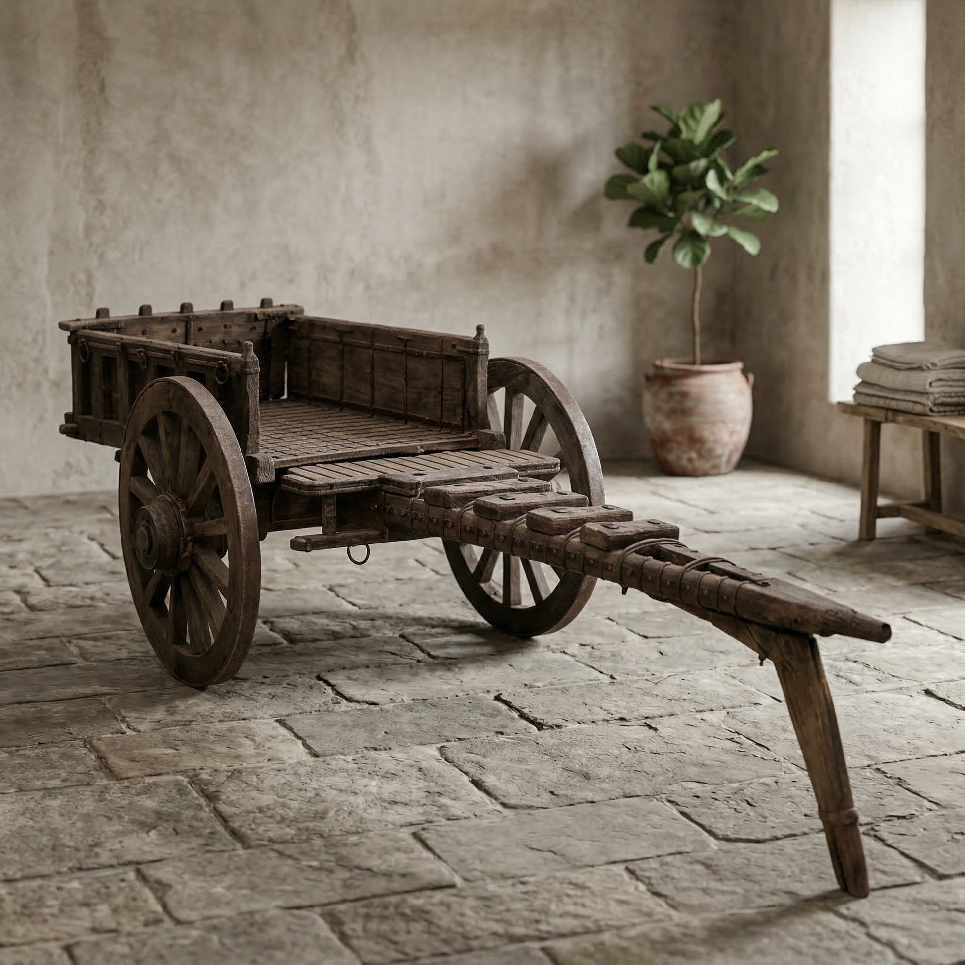 “Vintage houten kar in stijlvol interieur met natuurlijke materialen en warme neutrale kleuren”